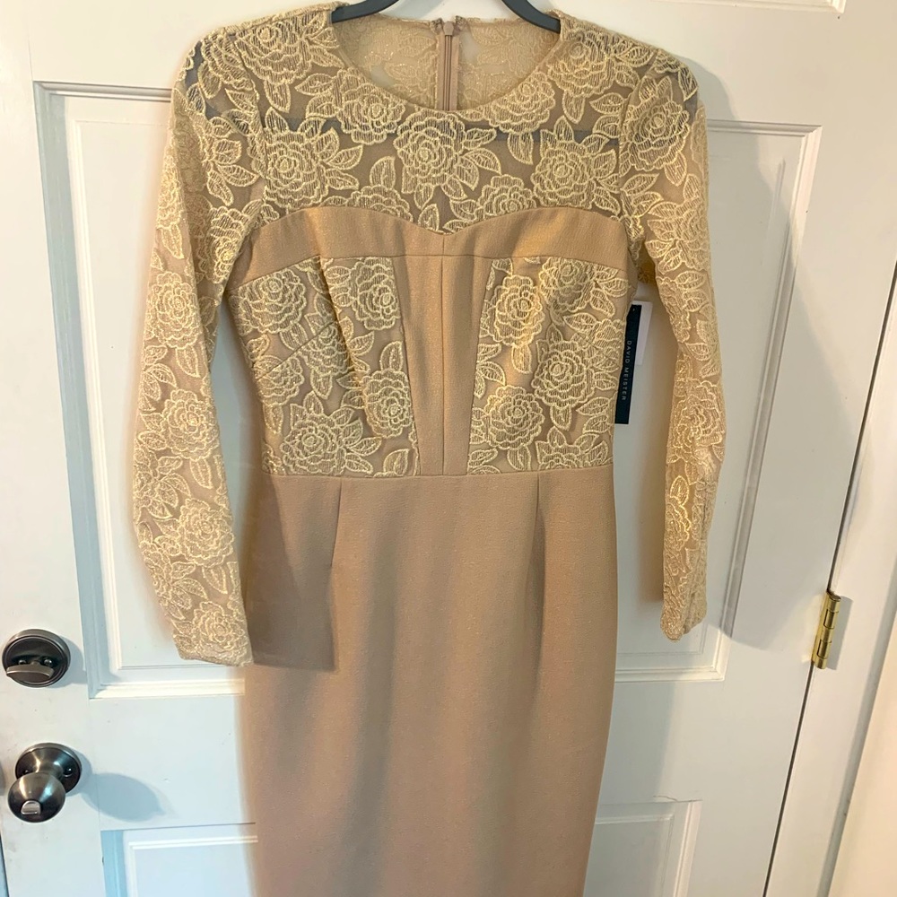 NWT David Meister Gold Illusion Rose Sweetheart Dress 2